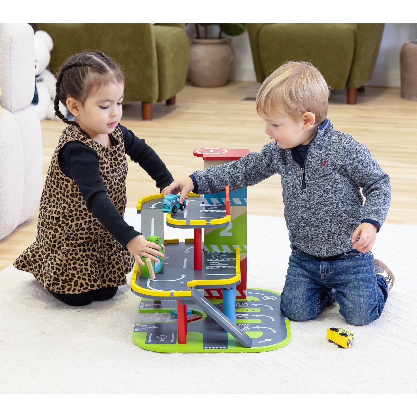 Jasey's Toy Chest Wooden Busy Wheels Garage Playset | 3-Level Wooden Garage with Elevator, Car Wash, Gas Station & Helipad + 2 Cars & 1 Helicopter | for Toddlers Ages 3+