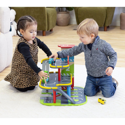Jasey's Toy Chest Wooden Busy Wheels Garage Playset | 3-Level Wooden Garage with Elevator, Car Wash, Gas Station & Helipad + 2 Cars & 1 Helicopter | for Toddlers Ages 3+