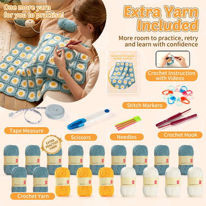 Fitsu Crochet Kit for Beginners, Daisy Granny Square Blanket Crochet Starter Kit with Yarn, Hooks, Step-by-Step Book & Video Tutorials, Easy Learn-to-Crochet Gift Set for Adults and Beginners