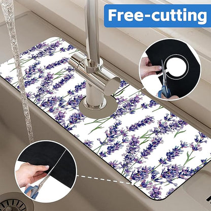Watercolor Lavender Bunches Kitchen Sink Splash Guard Mat Absorbent Fast Drying