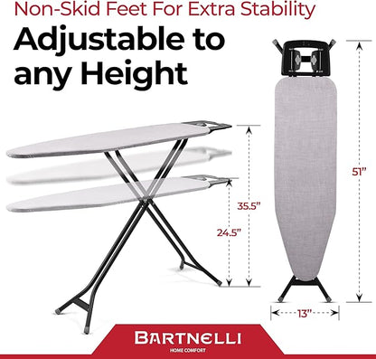 Bartnelli Extreme Stability Ironing Board 43x13 Upgraded Heavy-Duty Metal Frame