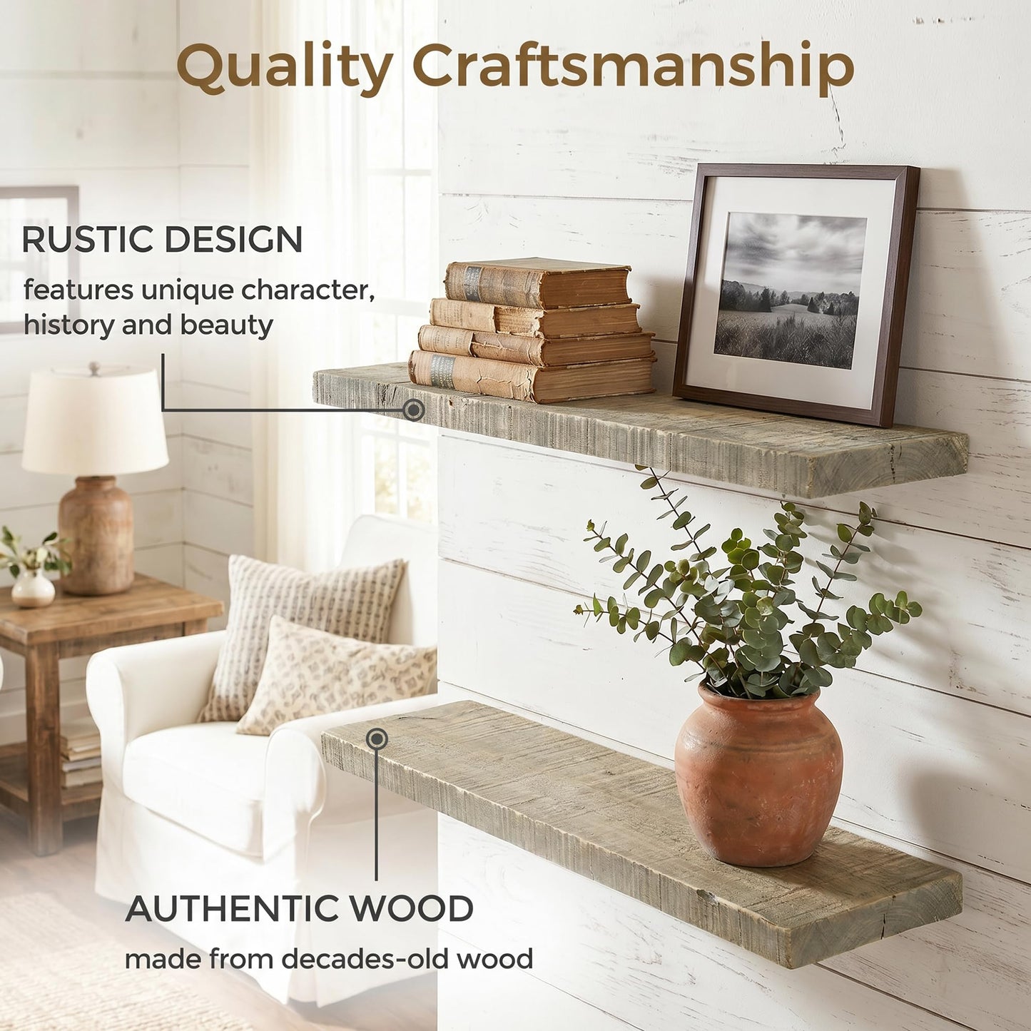 Axeman 24 Inch Rustic Wooden Floating Shelves for Wall|Solid Reclaimed Wood Wall Mounted Shelves with Invisible Brackets for Books Bathroom Kitchen Storage|8 Inch Deep|2 Pack, Grey