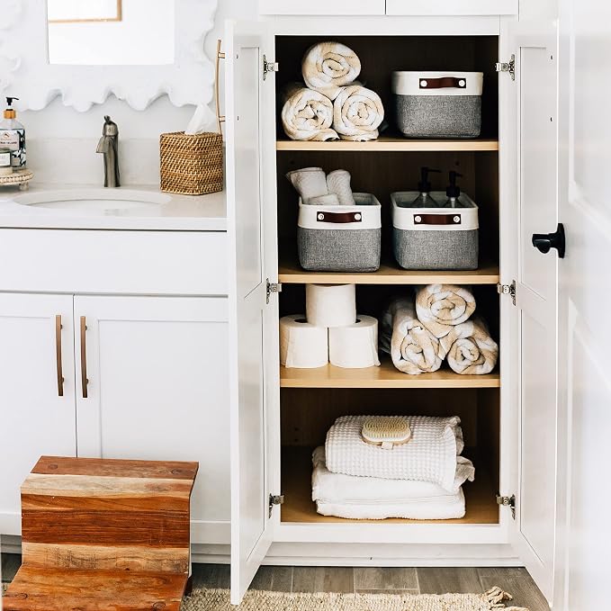 OrganiHaus 12x8in Canvas Storage Baskets 3 Pack | SMALL Fabric Bins for Shelves | Pantry & Bathroom Organizer | Gray/Off-White