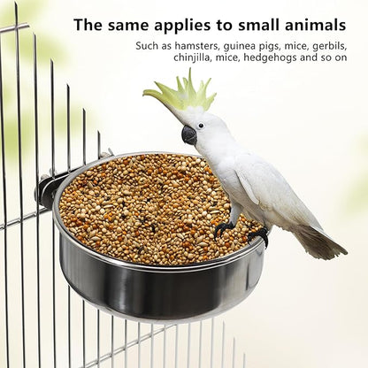 2 Pcs Medium Bird Feeding Dish Cups,Parrot Food Bowl Cage with Clamp Holder Stainless Steel,Birdcage Coop Water Feeder for Cockatiel Parakeet Macaw Finches Lovebirds Small Animals (2 Pack, M)