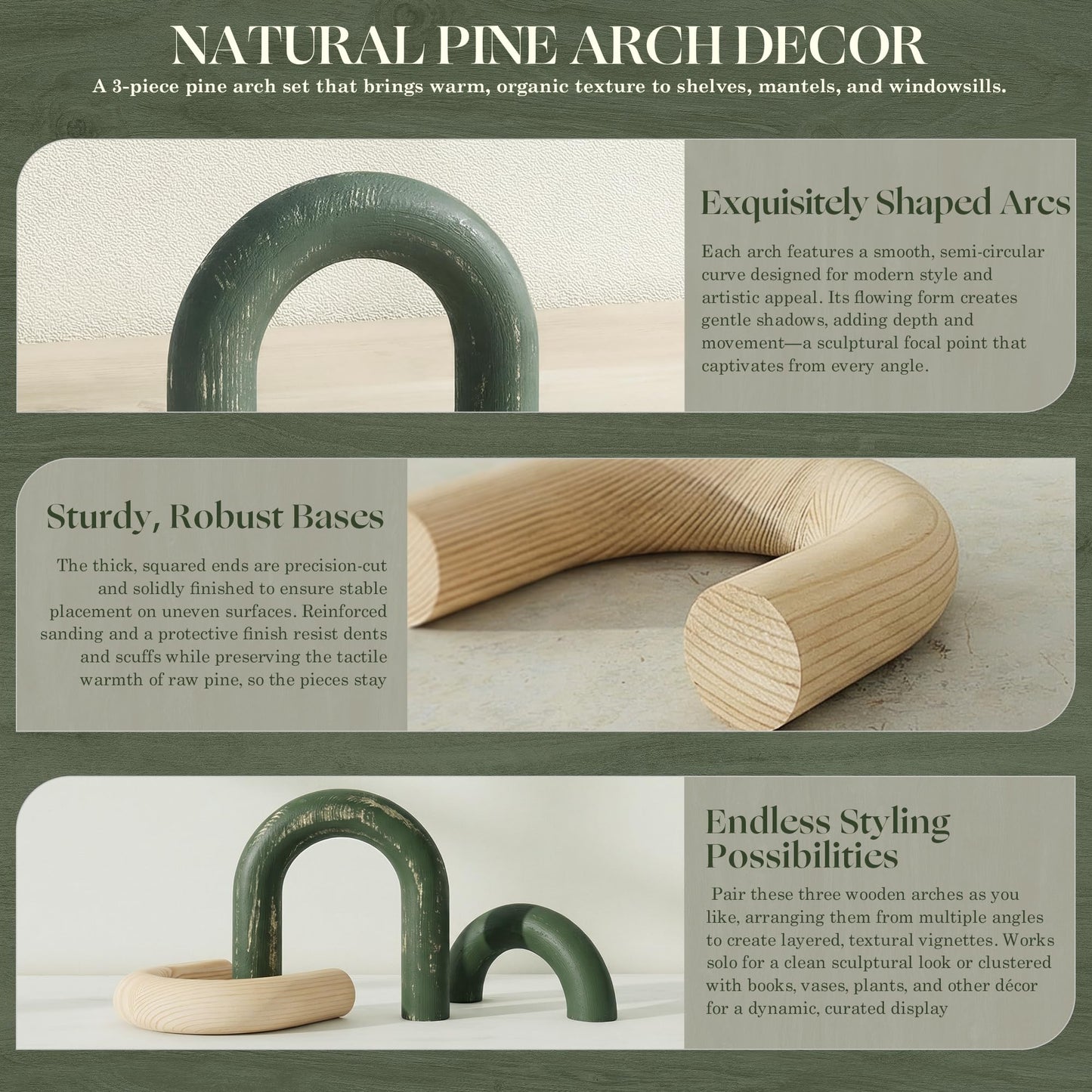 EOSAHR Pine Wooden Arch Decor Set for Bookcase Decor - Wood Sculpture for Coffee Tables, Side Tables & TV Consoles - Decorative Objects for House Aesthetic (Green & Yellow)