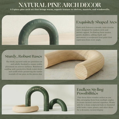 EOSAHR Pine Wooden Arch Decor Set for Bookcase Decor - Wood Sculpture for Coffee Tables, Side Tables & TV Consoles - Decorative Objects for House Aesthetic (Green & Yellow)