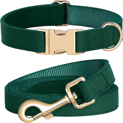 PET ARTIST Soft PU Leather Dog Collar and Leash Set, Bright & Stylish 5FT PU Leather Leash and Collar Set, Durable Pet Collars with Quick Release Metal Buckle for Small Dogs,Christmas Green,S(9"-14")