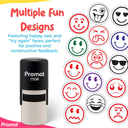 Promot - Self-Inking Stamps for Teachers, Round Rubber Stamp for Grading & Feedback, Quick-Dry Ink Stamps, Clear Imprint, Refillable Classroom Stamp & No-Mess Design (Smiley Red)