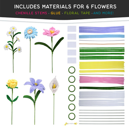 WeVeel Chenille Stem Flower Craft Kit for Adults – Create 6 Colorful Blooms (Lily, Rose, Calla Lily, Tulip, Gerbera & Daisy) – Relaxing DIY Arts & Crafts Kit with All Supplies
