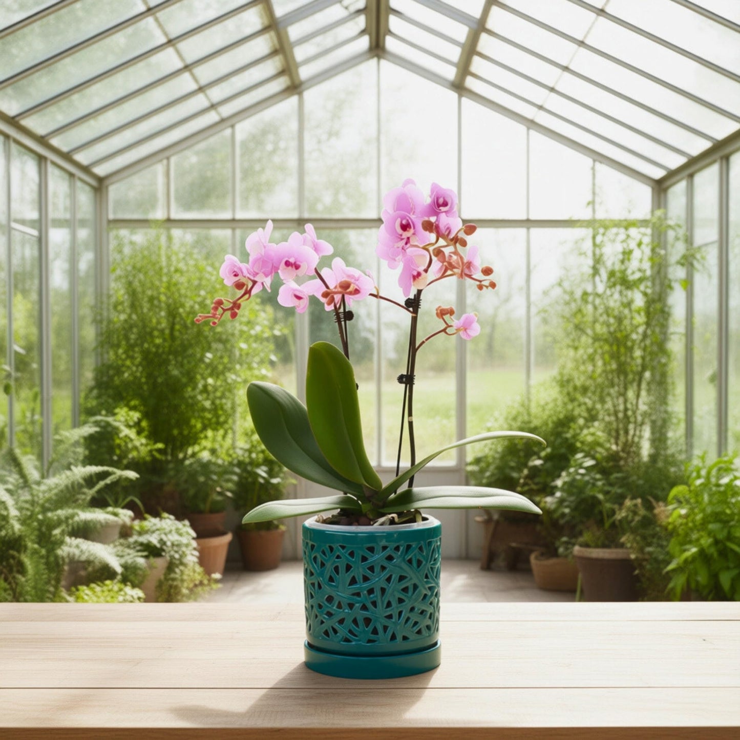 DESQUIGGLE Green Large Ceramic Orchid Pot with Holes, 6 Inches Wide, for Indoors or Outdoors with Woven String Cut Out Design, Orchid Planters, Orchid Gifts