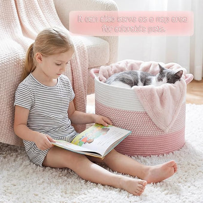 Artfeel 70L Large Cotton Rope Basket, Decorative Woven Blanket Storage for Living Room, Boho Toy Storage & Toy Box for Kids, Versatile Laundry Basket & Nursery Hamper for Blankets(Pink)