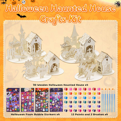 Poen 4 Set 3D Wooden Halloween Haunted House Crafts Kit DIY Wood Ghost House Puzzles Set with Paints Brushes Stickers for Halloween Home Table Decoration Party Gifts Supplies Indoor Decor