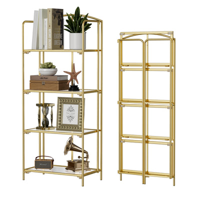 Crofy No Assembly Folding Bookshelf for Living Room, 4 Tier Gold Collapsible Book Shelf for Home Office, Portable Bookcase Storage Organizer