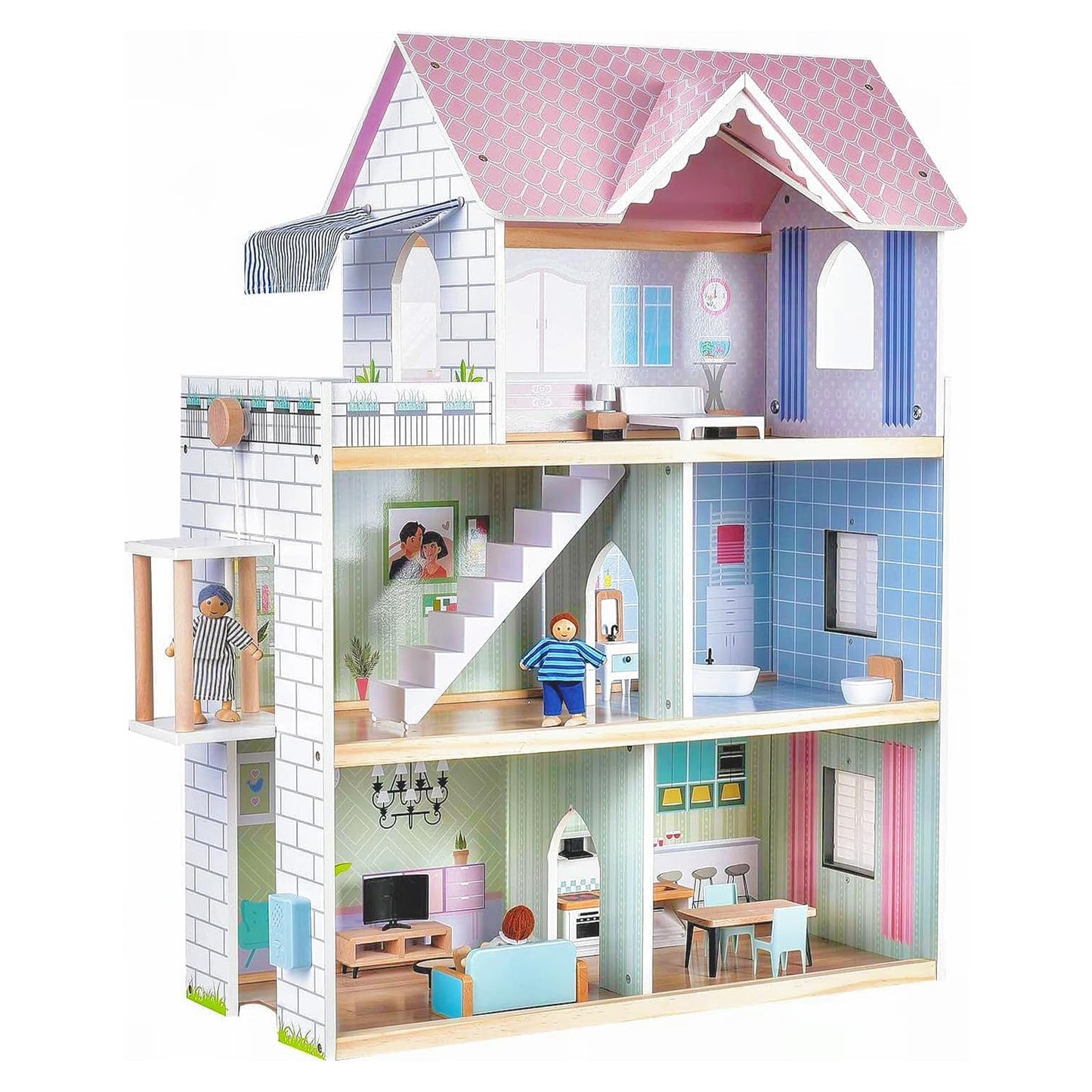 Giant bean Large Pink Wooden Dollhouse with Furniture for Girls with Doorbell, Light,Elevator, 6 Rooms 2.6ft High,17Pcs Furniture & 3 Dolls, Kids Playhouse Toy for Girls 3-7+, 31.5" x 25" x 12.2"