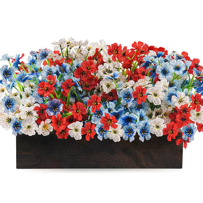 Red Wihte and Blue Flower Centerpieces for Table, 4th of July Artificial Flower Decorations 18Pcs UV Resistant Faux Violet Bouquet with Wooden Tray Patriotic Indoor Home Decor Living Room Kitchen