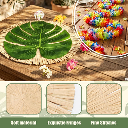 38PCS Hawaiian Tropical Party Decorations, Luau Placemats and Palm Placemat, Round Luau Fringe Place Mats Hibiscus Flower Simulation Artificial Leaf Birthday Party Supplies Table Decor