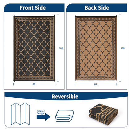 GlowSol Outdoor Rug Waterproof 8x10 ft Reversible Outdoor Plastic Straw Patio Rugs,Foldable Camping Rug with Carry Bag, RV Mat Outside Rugs for Patio,Picnic,Balcony,Deck,Backyard,Pool, Black/Brown