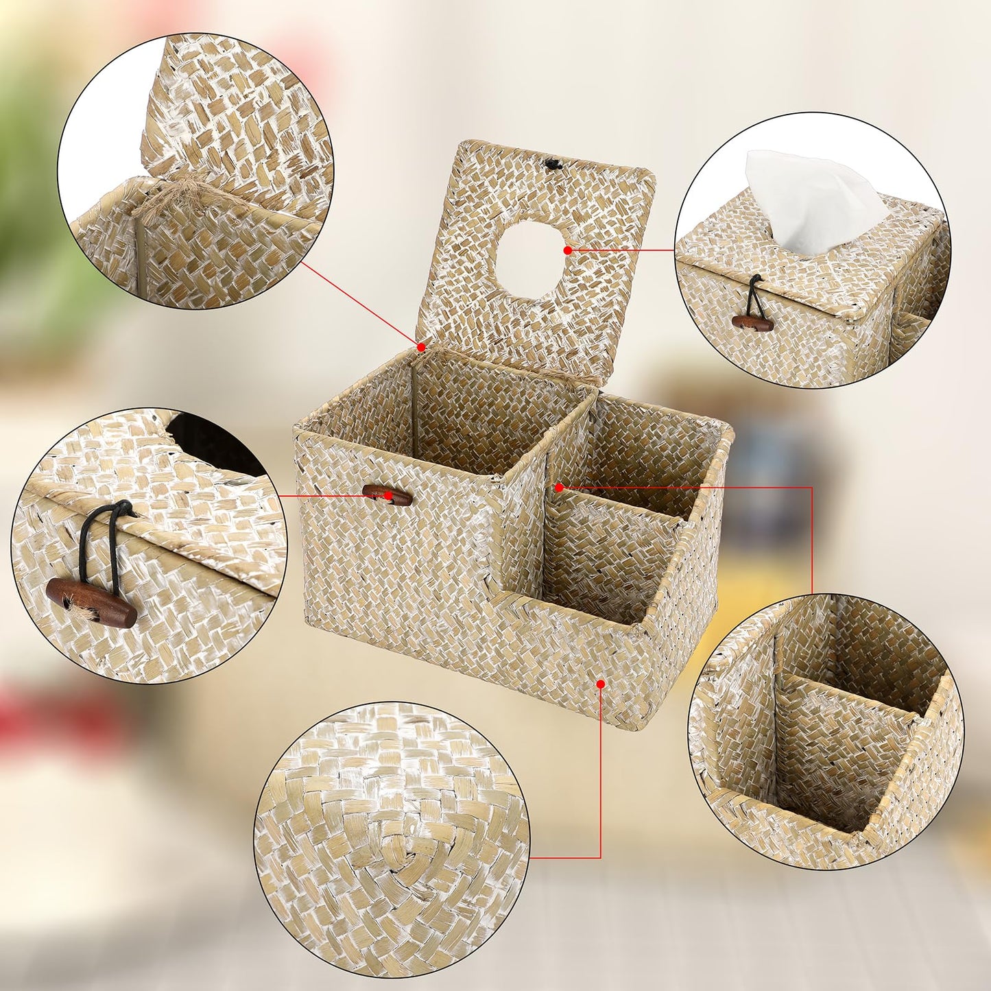Sumnacon Tissue Box Cover-Square Woven Tissue Box Organizer for Desk Rustic Seagrass Tissue Box Holder with Side Organizer Decorative Cube Tissue Cover for Bathroom Home Office Table Counter Whitewash