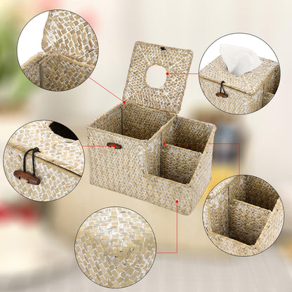 Sumnacon Tissue Box Cover-Square Woven Tissue Box Organizer for Desk Rustic Seagrass Tissue Box Holder with Side Organizer Decorative Cube Tissue Cover for Bathroom Home Office Table Counter Whitewash