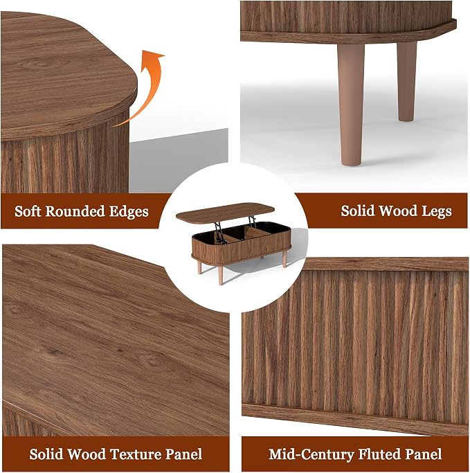 Fluted Lift Top Coffee Table with Hidden Storage, Oval Coffee Table with Lifting Top, Mid Century Modern Design for Living Room, Office & Small Spaces, Walnut