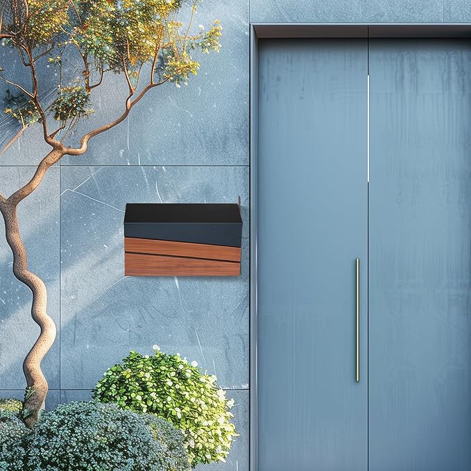 Wall-Mount Mailbox, Wood-Grain Metal Panel, Rust Resistant Large Capacity House Mailbox, Modern Drop Mailboxes for Outside, Metal Post Box with Flag (No Keys Locking)