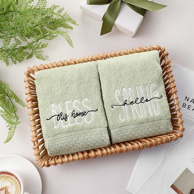 2 Pcs Hello Spring Hand Towels Gray Green Bathroom Decor 14x29 Inch 100% Cotton