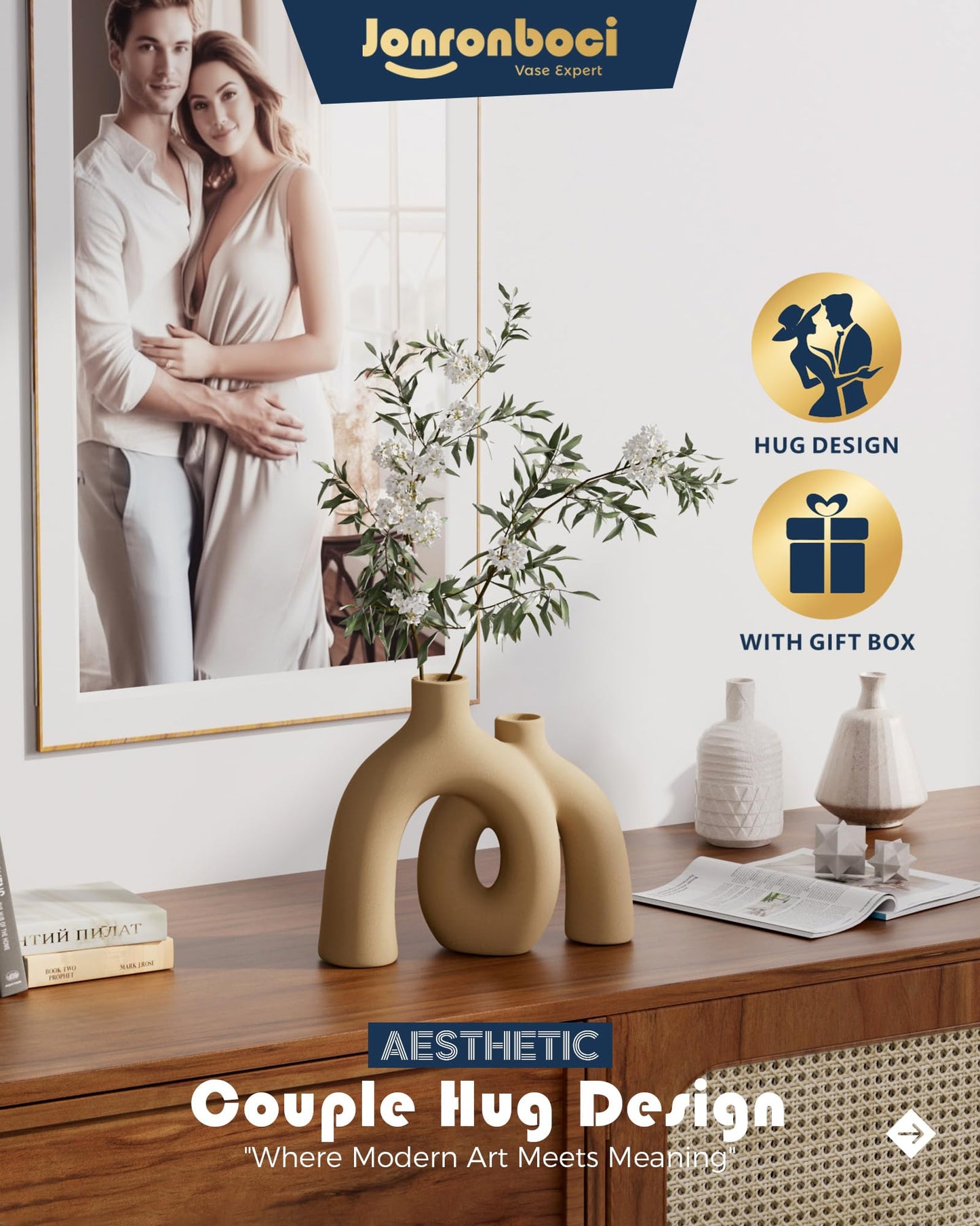 Hug Donut Decorative Vase Set - Tan Modern Rustic Farmhouse Style Vases Home Decor,Matte Ceramic Decorations for Living Room Shelf, Bookshelf Mantle Entryway Table Centerpiece or Console Décor(Brown)