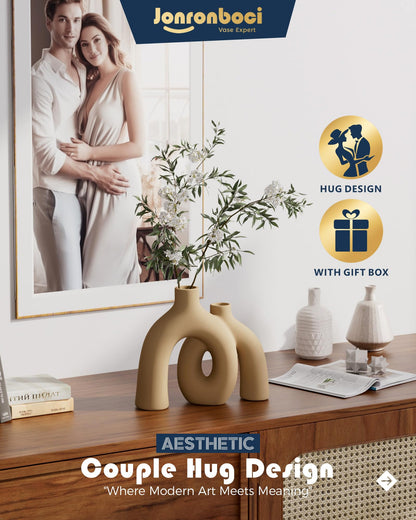 Hug Donut Decorative Vase Set - Tan Modern Rustic Farmhouse Style Vases Home Decor,Matte Ceramic Decorations for Living Room Shelf, Bookshelf Mantle Entryway Table Centerpiece or Console Décor(Brown)