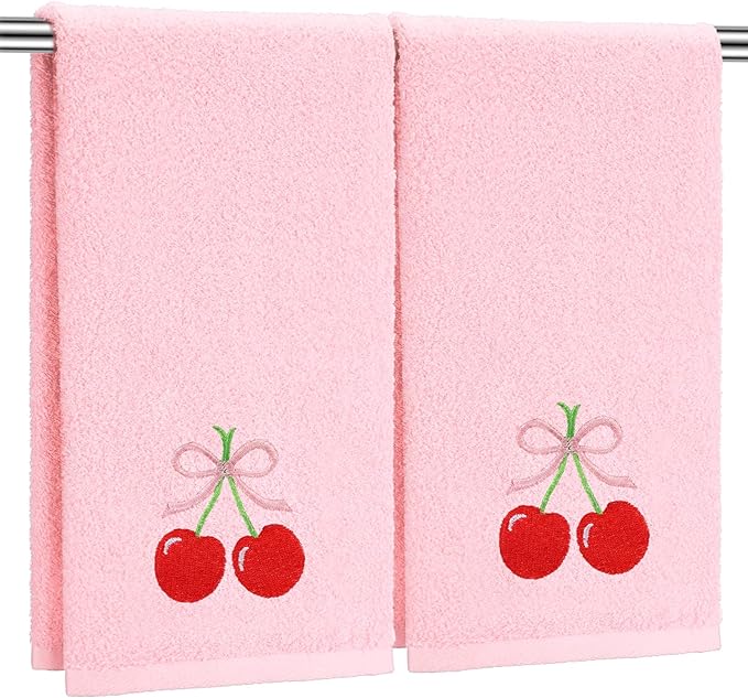 2 Pcs Cherry Hand Towels Light Pink Bathroom Decor 14x29 Inch Embroidered 100%