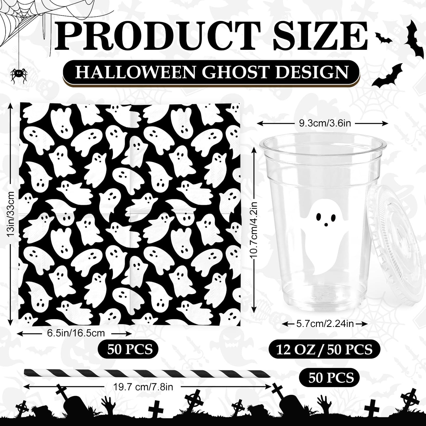 JarThenaAMCS Halloween Tableware Set Ghost Paper Napkins Disposable Plastic Cups with Lids and Straws for 50 Guests Holiday Party Supplies Table Decor