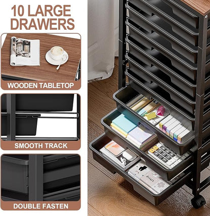 SYKIARIOL Rolling Cart with Drawers,10 Drawer Rolling Cart,Storage Cart,Utility Cart,Teacher Cart for Classroom Storage,Craft Cart with Wheels and Wooden Tabletop,Black