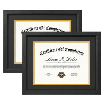 Decobility 8.5x11 Diploma Frame with Black Gold Double Mats, 11x14 Picture Frame Matted for 8.5 by 11 Document, Wall & Tabletop Display Certificate Frame with Tempered Real Glass, Black, Set of 2