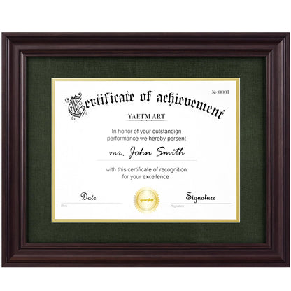 Yaetm 11x14 Diploma Frame, Certificate Frame with Tempered Glass, Display 8.5x11 Document with Dark Green Over Gold Acid-free Mat or 11 x 14 without Mat, Wide Molding (Single, Brown/Green)