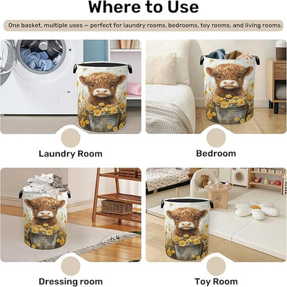 Cute Highland Cow Flower Foldable Canvas Laundry Basket