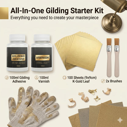 Snailmart Gold Leaf Kit, 100ml Water-Based Metal Leaf Glue and 100ml Protective Varnish, Gold Leaf Sheets 100 pcs, 2 Brushes, for Craft, Painting and Arts