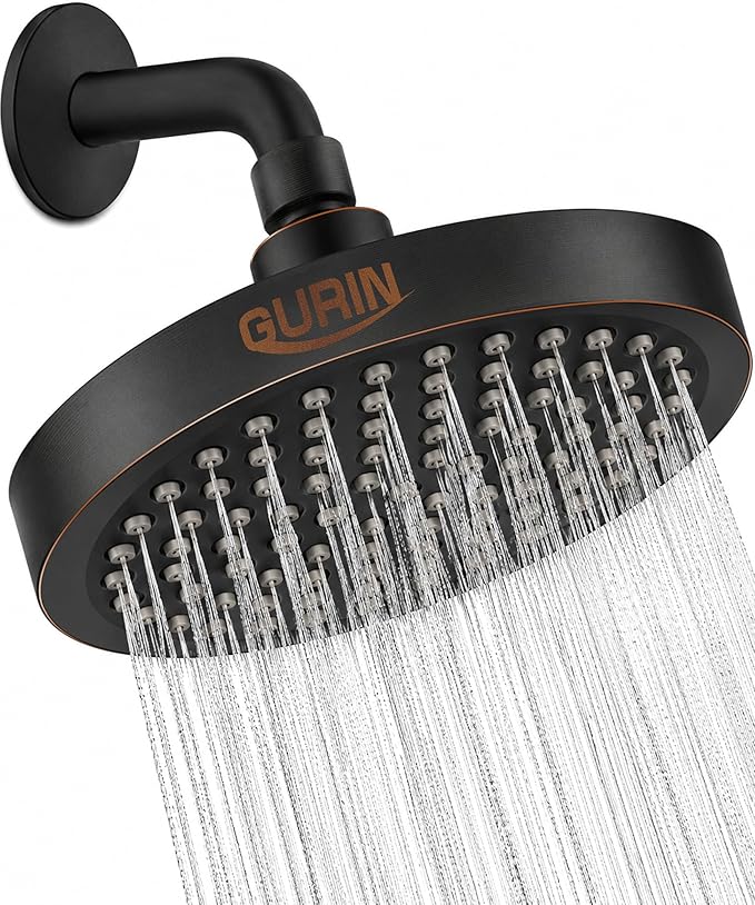 GURIN Shower Head - Powerful High Pressure Rain Shower Head 6 Inch - Luxury Rainfall Showerhead with Adjustable Angles, 90 Anti-Clog Nozzles, Tool-Free 1-Min Install, Premium Oil Rubbed Black Finish