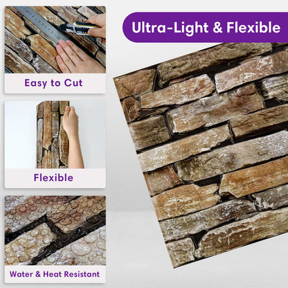 SMOOSTIKC 3D Faux Stone Wall Panels Peel and Stick, 10 Pcs 11.8" x 11.8", Stone-Look Textured Wall Sticker, Ultra-Light Thin PVC Fake Stone Wall Covering Tiles for Quick DIY, Brown with Green