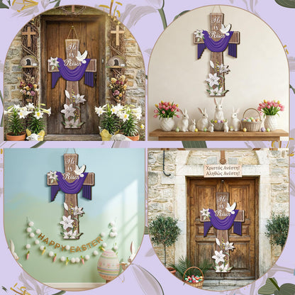 BBTO He Is Risen Easter Door Sign, 31.5 x 15.75 Inches Durable Wooden Religious Cross Hanging Decor Easter Wreaths for Front Door Christian Flowers Lent Hanging Hanger for Farmhouse Front Porch
