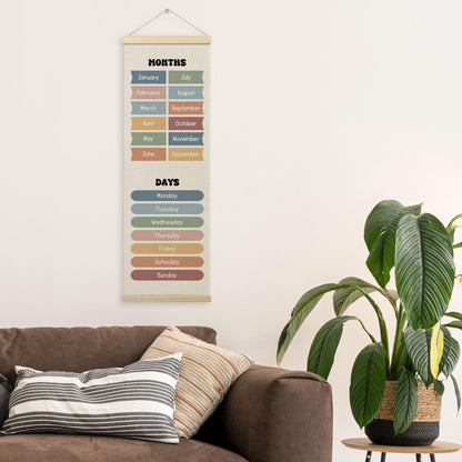 TLESKE Months of the Year Days of the Week Classroom Wall Art Poster, Educational Wall Decor Hanging Poster with Hanger Frame for Classroom, Toddlers Kids Wall Prints Picture Framed Banner, 12x35