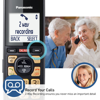 Panasonic Cordless Phone with Advanced Call Block, Link2Cell Bluetooth, One-Ring Scam Alert, and 2-Way Recording, Answering Machine, 4 Handsets - KX-TGF944B (Black)