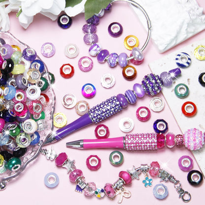 200 Pieces Large Hole Beads Spacer Bead Mixed Assorted European Craft Big Beads Large Hole Lampwork Murano Fairy Wand Garden Bead for DIY Pens Charms Bracelet Necklace Keychain Jewelry Making Supplies