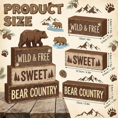 4 Pcs Brown Bear Tiered Tray Decor Woodland Bear Country Wooden Signs Cabin Shelf Sitters Rustic Farmhouse Table Centerpiece Mountain Forest Theme Table Decorations For Home Living Room Lodge