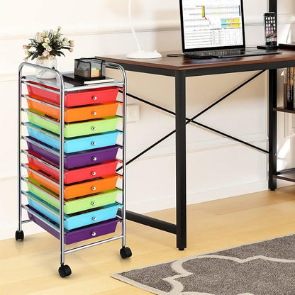 COSTWAY 10-Drawer Rolling Storage Cart, Utility Mobile Trolley with Removable Drawers & Universal Casters & 2 Brakes, Versatile Flexible Drawer Organizer Cart for Home, Office (Multi-Colored)