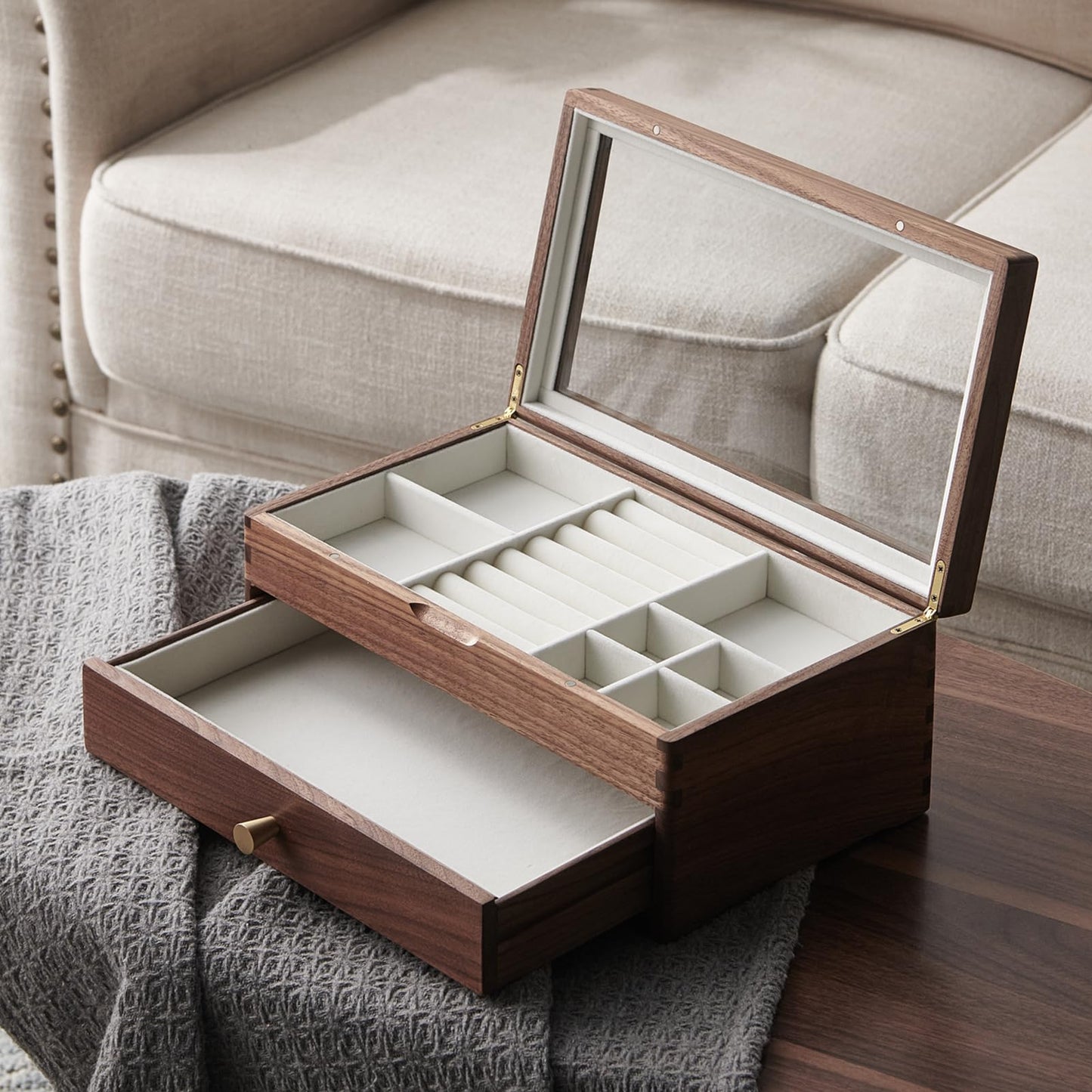 Beexchange Black Walnut Wooden Jewelry Box - Allwood, Handcrafted, Glass Lid 1 drawer. Gift for Women, Men, and Girls. Jewelry Organizer Storage(Double-Layer)