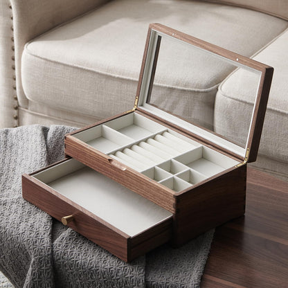 Beexchange Black Walnut Wooden Jewelry Box - Allwood, Handcrafted, Glass Lid 1 drawer. Gift for Women, Men, and Girls. Jewelry Organizer Storage(Double-Layer)
