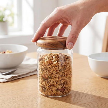 4-Pack 23 oz Glass Jars with Wooden Lids, Spice Jars | Wide mouth for scooping. Solid acacia wood lids & spoons (no plastic). Airtight seal. For coffee, oats, spices, dry goods.