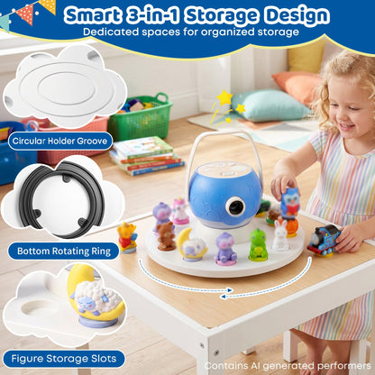 Round 360°Rotating Storage Shelf for Luna Storytime Projector And Character,Display Stand for Luna Projector Figurine Cartridge Figures Organizer Holder,Pine Wooden,for Kids Play Room(White)