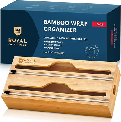 ROYAL CRAFT WOOD Bamboo Kitchen Foil and Plastic Wrap Organizer for Drawer with Cutter 2-Slots