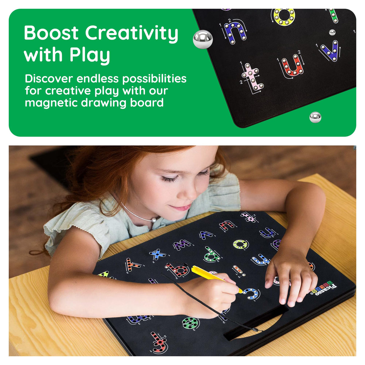 PicassoTiles 2PK 4-in-1 Magnetic Drawing Board 12x10 inch Large Magnet Tablet Pad with 4 Facings Lowercase & Uppercase Alphabets, Numbers, & Freestyle STEM Learning Writing Reading Playboard PTB06