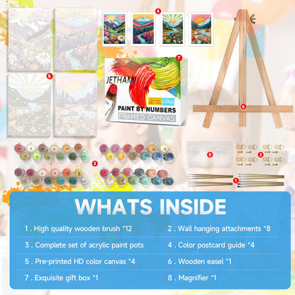 Jethami 4 Pack Paint by Numbers for Adults, Mountains Lake Sunset Landscape DIY Art Kits for Beginners, 8x12 in Framed Canvas for Home Decor